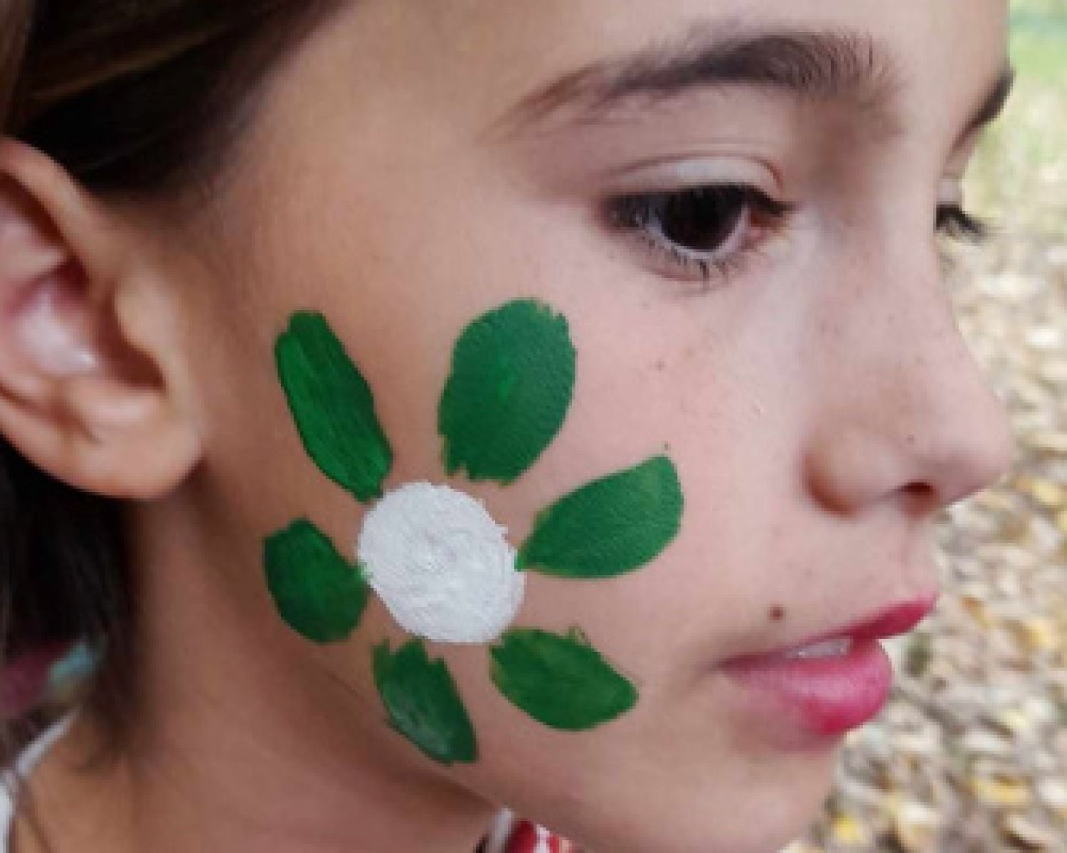 A young girl with face paint on her cheek looking at the camera. 